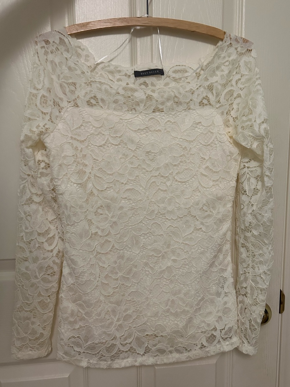 Suzy Shier Ivory Floral Lace Boatneck Top